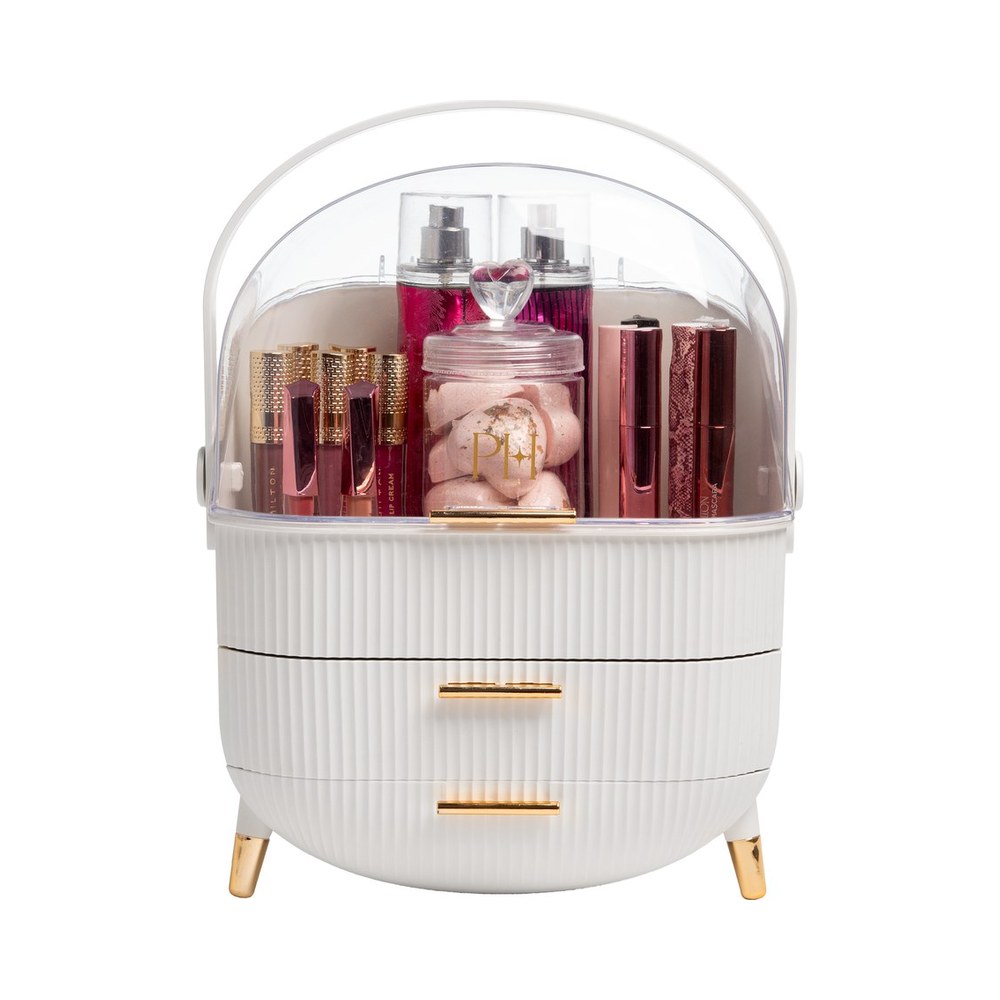 Paris Hilton white makeup organizer with dome lid and drawers, a Crystal Ball call that became product