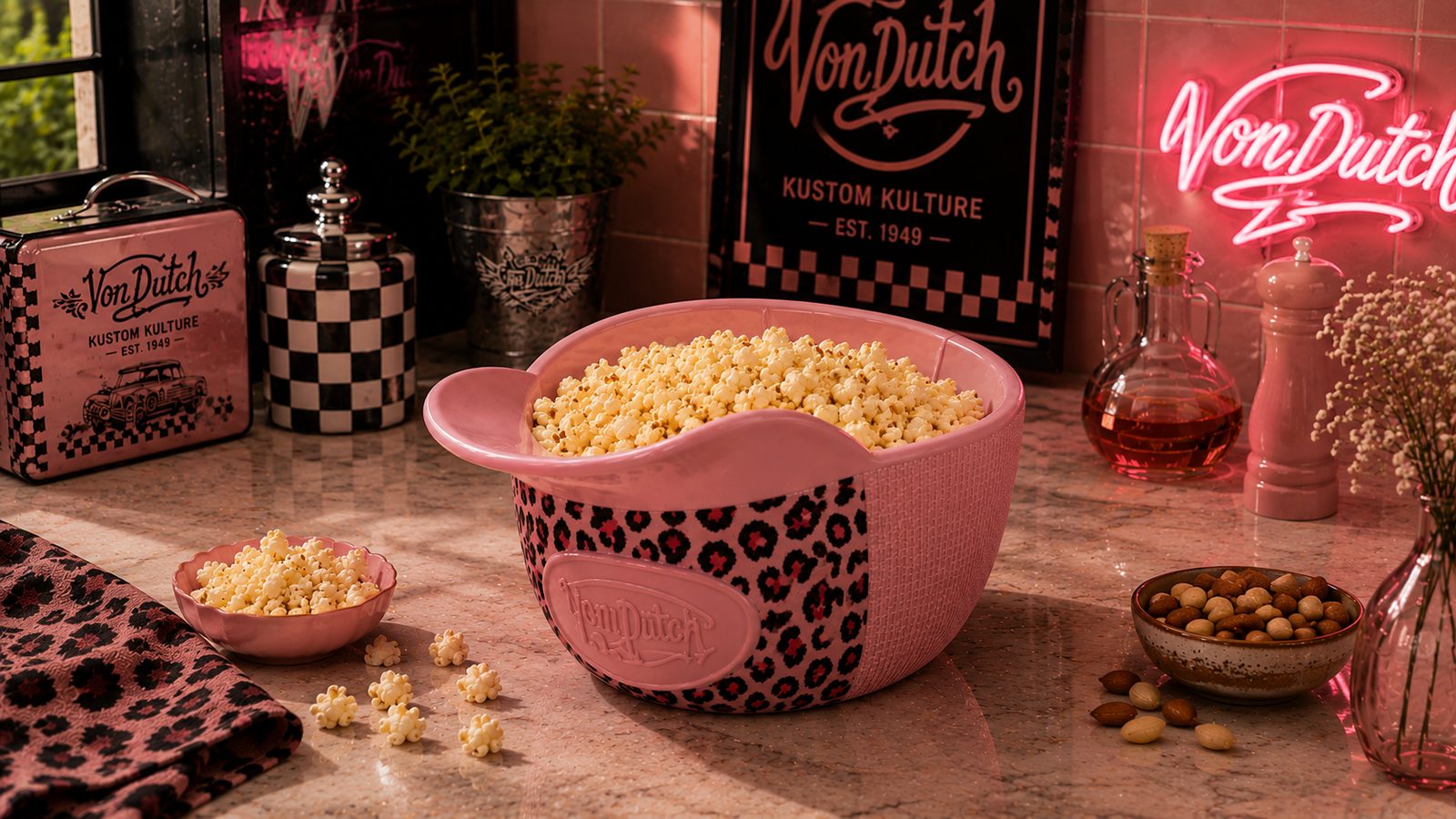 Von Dutch leopard popcorn bowl with neon sign
