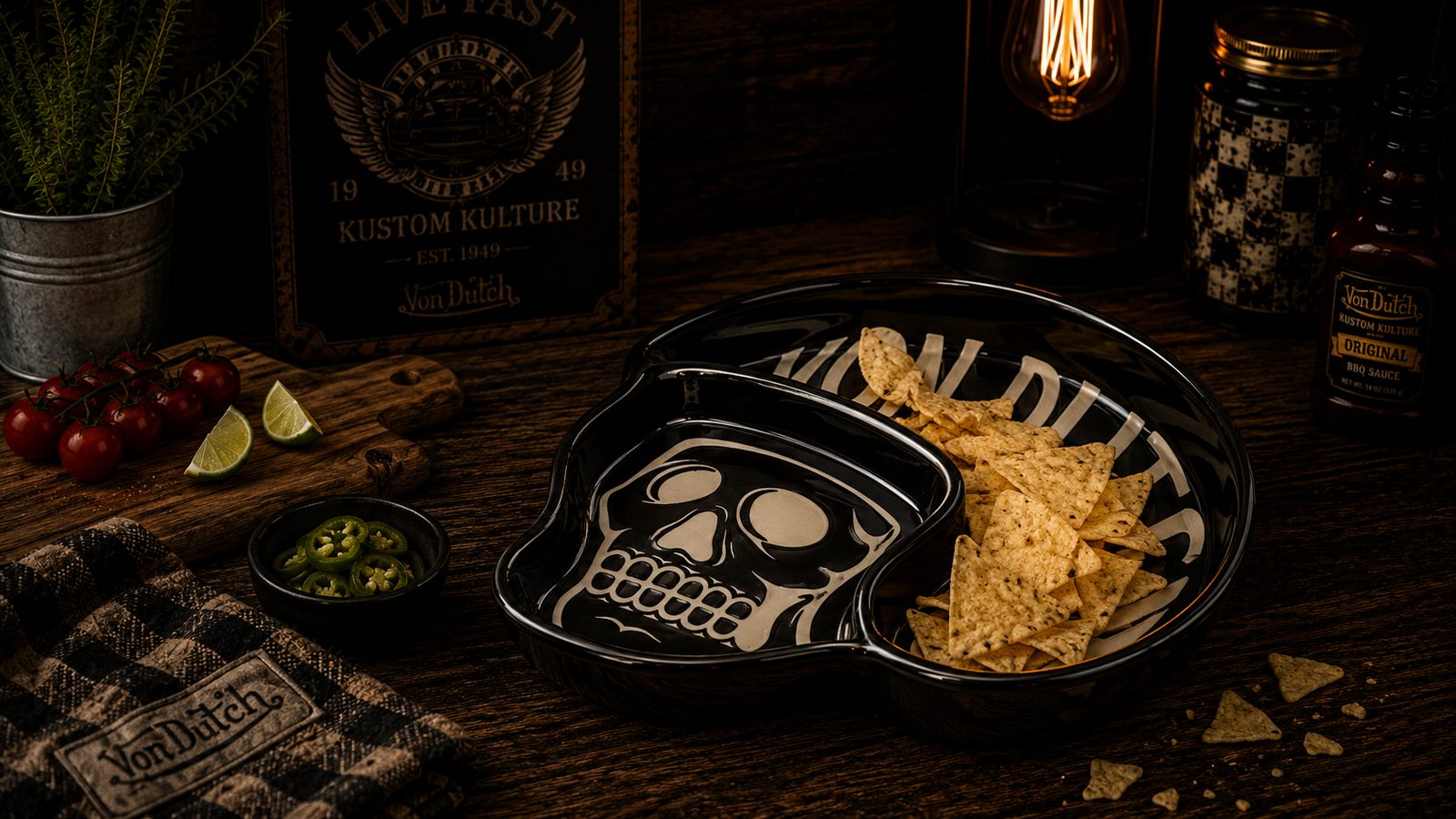 Von Dutch skull chip-and-dip serveware, part of the brand's expanding home line