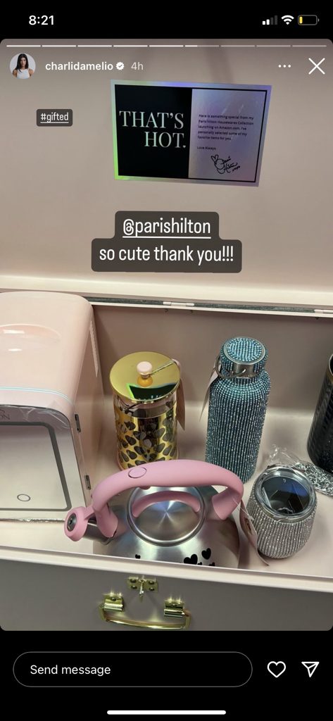 Charli D'Amelio public story with Paris Hilton cookware
