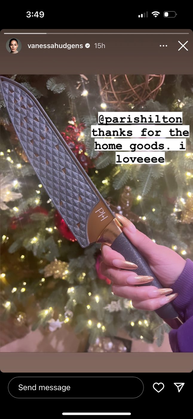 Vanessa Hudgens public story with Paris Hilton cookware
